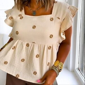 Cream Floral-Embroidered Square-Neck Peplum Blouse